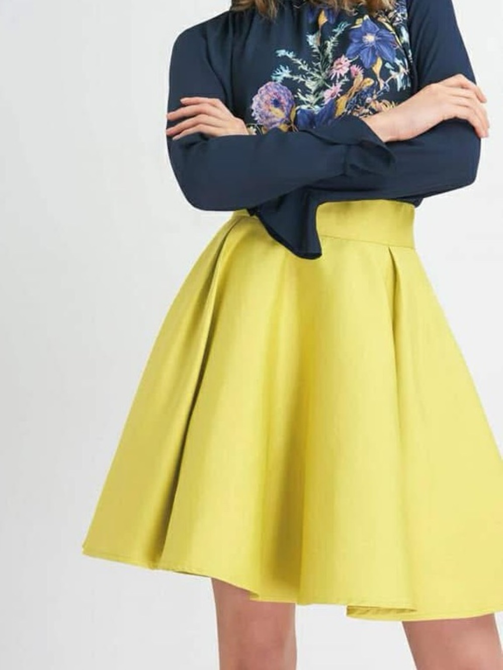 Orsay yellow green pleated A-line skater skirt